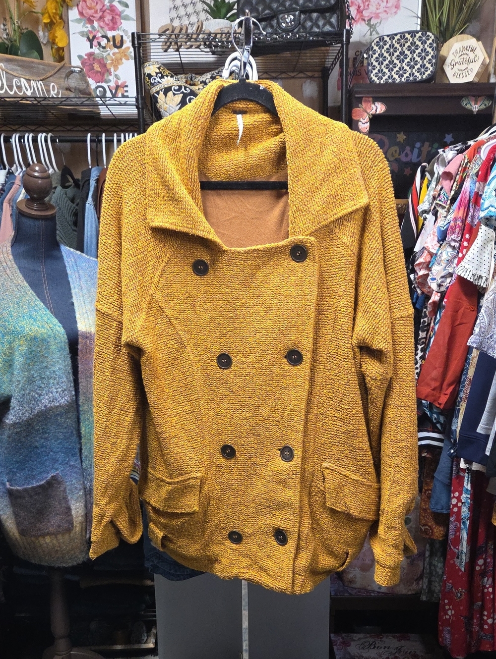 Free People Mustard Yellow Double Breasted Button Up Jacket Womens Slouchy Sz M